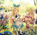  3girls :3 :d ^_^ animal animal_hat animal_on_head bendy_straw bird bird_on_head black_footwear blonde_hair blue_flower blue_hair blue_hat blue_ribbon blue_rose blue_skirt blue_sky blush bow brown_eyes cake carrot cat_hat chair chibi closed_eyes collared_shirt commentary cup day drink drinking_glass drinking_straw fang flower food fork fruit gloves hair_ribbon hairband hand_on_own_face harmonica hat highres holding holding_cup holding_fork holding_instrument instrument leaf light_brown_hair long_hair long_sleeves mary_janes multiple_girls music on_chair on_head open_mouth original outdoors pantyhose pink_flower pink_rose plaid playing_instrument pleated_skirt pudding rabbit rainbow red_bow red_flower red_rose ribbon rose sakura_oriko shirt shoes short_hair short_sleeves sitting skirt sky smile socks star strawberry strawberry_shortcake sunlight table teacup very_long_hair white_gloves white_hairband white_legwear white_shirt yellow_flower yellow_rose 