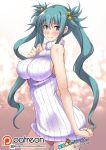  1girl aqua_eyes bare_arms bare_shoulders bell blue_eyes blush body_blush breasts commentary_request commission cui_yifei eyebrows hair_bell hair_between_eyes hair_ornament highres large_breasts lips long_hair looking_at_viewer meme_attire muvluv muvluv_alternative muvluv_total_eclipse naked_sweater shiny shiny_hair shiny_skin smile solo standing sweater tsurugi_ai_(seikan_hitchhiker) turtleneck turtleneck_sweater twintails twitter_username virgin_killer_sweater white_sweater 