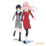  1boy 1girl black_hair black_legwear blue_eyes boots brown_footwear couple darling_in_the_franxx gassa_bg green_eyes highres hiro_(darling_in_the_franxx) holding horns long_hair long_sleeves military military_uniform necktie oni_horns orange_neckwear pantyhose pink_hair red_neckwear shoes short_hair signature socks uniform white_footwear zero_two_(darling_in_the_franxx) 