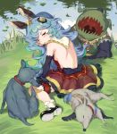  1girl animal animal_ears backboob backless_outfit bangs bare_back bare_shoulders black_footwear black_gloves blue_hair breasts brown_eyes dress elbow_gloves erune ferry_(granblue_fantasy) gloves granblue_fantasy hair_ornament jewelry long_hair looking_at_viewer looking_back monster nature one_eye_closed open-back_dress outdoors red_dress sash shiny shiny_skin shoes sideboob single_earring sitting small_breasts socks solo sunao_(souis) thigh_strap wariza wavy_hair white_legwear 