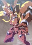  breasts darling_in_the_franxx dust fighting_stance fog full_body glowing hand_up holding holding_weapon horn leg_lift leg_up mecha medium_breasts nandz no_humans open_mouth polearm red_eyes serious solo spoilers strelizia weapon 