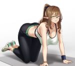  1girl :t all_fours ass bracelet breasts brown_hair cleavage crop_top elf full_body green_eyes houtengeki jewelry large_breasts midriff original pointy_ears ponytail rimless_eyewear shoes sidelocks simple_background sneakers solo sports_bra sweat wavy_mouth wristband 