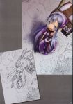  1girl absurdres book clouds comparison drawing foreshortening hairband highres looking_at_viewer minigirl nib_pen_(object) open_mouth original pen purple purple_hair scan sidelocks smile tsukushi_akihito violet_eyes 