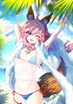  1girl ;d ahoge arms_up bangle bangs beach_towel bikini blue_bikini blue_sky blush bracelet breasts brown_eyes cleavage collarbone cowboy_shot day eyebrows_visible_through_hair fate/grand_order fate_(series) food fox_tail highres hm_(wonhml) holding jewelry large_breasts long_hair navel necklace one_eye_closed open_mouth outdoors palm_tree pendant pink_hair rainbow red_ribbon ribbon see-through shirt short_sleeves side-tie_bikini sky smile solo sparkle standing stomach strap_gap string_bikini swimsuit tail tamamo_(fate)_(all) tamamo_no_mae_(swimsuit_lancer)_(fate) tied_shirt towel towel_around_neck tree water_drop 