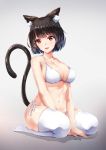  1girl :d animal_ears azur_lane bangs bare_arms bare_shoulders between_legs bikini black_hair blunt_bangs blush bob_cut breasts cat_ears cat_tail chahei cleavage collarbone fang full_body gradient gradient_background grey_background hand_between_legs highres large_breasts looking_at_viewer navel no_shoes open_mouth red_eyes ribbon shiny shiny_hair short_hair side-tie_bikini sitting skindentation smile solo stomach swimsuit tail thigh-highs white_bikini white_legwear white_ribbon yamashiro_(azur_lane) 