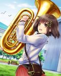  1girl :d absurdres bird blue_sky brown_eyes brown_hair clouds day euphonium green_ribbon grey_sweater hair_ribbon highres holding holding_instrument instrument open_mouth outdoors pleated_skirt red_skirt ribbon school_fanfare short_hair skirt sky smile solo standing sweater 