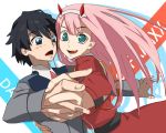  1boy 1girl black_hair blue_eyes blush couple dancing darling_in_the_franxx green_eyes hand_holding hiro_(darling_in_the_franxx) horns long_hair looking_at_viewer military military_uniform necktie notnome oni_horns orange_neckwear pink_hair red_neckwear short_hair uniform zero_two_(darling_in_the_franxx) 