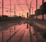  1girl backlighting cellphone high_heels long_hair original phone power_lines reflection scenery sketch skirt sky smartphone snatti solo sunset telephone_pole train_station train_station_platform water 