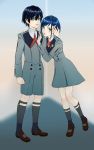  1boy 1girl black_hair blue_hair brown_footwear couple darling_in_the_franxx green_eyes hand_on_another&#039;s_face hand_on_another&#039;s_shoulder highres hiro_(darling_in_the_franxx) ichigo_(darling_in_the_franxx) morning_glory0328 necktie red_neckwear shoes socks 