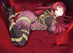  1girl arms_behind_back bdsm black_footwear black_legwear bodystocking bodysuit bondage bound breasts circlet closed_eyes closed_mouth covered_navel fate/grand_order fate_(series) gae_bolg high_heels lance large_breasts le...233333.. long_hair lying on_side polearm purple_bodysuit redhead scathach_(fate/grand_order) shibari shibari_over_clothes skin_tight solo weapon 