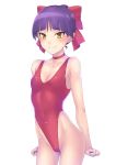  1girl bangs bow breasts choker contrapposto cowboy_shot gegege_no_kitarou hai_(h81908190) hair_bow highleg highleg_swimsuit looking_at_viewer nekomusume_(gegege_no_kitarou_6) pointy_ears purple_hair red_bow red_choker red_swimsuit short_hair simple_background small_breasts solo swimsuit white_background yellow_eyes 