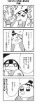  2girls 4koma :3 bangs bkub blunt_bangs blush book calimero_(bkub) chakapi closed_eyes comic flying_sweatdrops glasses greyscale hand_on_own_face highres holding holding_book holding_microphone honey_come_chatka!! jacket microphone monochrome multiple_girls music musical_note scrunchie shirt short_hair shouting simple_background singing speech_bubble sweater talking topknot translation_request two-tone_background 