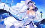  1girl :o azur_lane bare_shoulders bird black_bow black_hair blue_eyes blue_flower blue_rose blush bow breasts cherim cleavage collarbone dress eyebrows_visible_through_hair feet_out_of_frame flower hand_on_railing hat hat_bow holding holding_flower horizon illustrious_(azur_lane) large_breasts lavender_hair layered_dress long_hair looking_at_viewer low_twintails ocean parted_lips petals railing rose rose_petals solo standing strapless strapless_dress sun_hat twintails very_long_hair water white_dress white_hat 