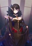  1girl between_breasts black_hair breasts choker cleavage commentary_request corset dress fate/grand_order fate_(series) fur_trim hair_ornament head_tilt highres large_breasts long_hair looking_at_viewer machida_029 pointy_ears semiramis_(fate) solo spikes strapless strapless_dress very_long_hair yellow_eyes 