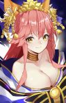  1girl animal_ears bell breasts cleavage collarbone crown detached_sleeves erlge fate/grand_order fate_(series) fox_ears fox_tail highres japanese_clothes jingle_bell large_breasts light_smile long_hair looking_at_viewer looking_up multiple_tails pink_hair solo tail tamamo_(fate)_(all) tamamo_no_mae_(fate) very_long_hair yellow_eyes 