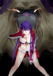  1girl absurdres bikini black_bikini bleeding blood blue_eyes breasts cleavage commentary_request cuts fate/grand_order fate_(series) highres injury jacket large_breasts long_hair looking_at_viewer magic open_clothes open_jacket purple_hair saint_martha saint_martha_(swimsuit_ruler)_(fate) solo swimsuit tarrasque_(fate) tongyong_dongli 