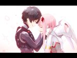  1boy 1girl bangs black_bodysuit black_hair blunt_bangs bodysuit broken_horn darling_in_the_franxx forehead-to-forehead from_side glint grin hands_on_another&#039;s_cheeks hands_on_another&#039;s_face hands_up highres hiro_(darling_in_the_franxx) hoshizaki_reita letterboxed long_hair open_mouth parted_lips petals pink_hair profile shiny shiny_hair signature smile sparkle upper_body white_bodysuit zero_two_(darling_in_the_franxx) 