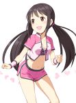  1girl :d blush breasts brown_eyes brown_hair cleavage collarbone crop_top floating_hair groin hair_ornament hair_scrunchie heart heart_print idolmaster idolmaster_cinderella_girls long_hair looking_away mashou_boy medium_breasts midriff nakano_yuka navel open_mouth pink_scrunchie pink_shorts scrunchie short_shorts shorts simple_background smile solo standing stomach twintails very_long_hair white_background wristband 