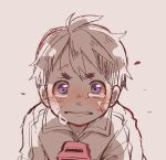  1boy bruise commentary_request crying crying_with_eyes_open injury limited_palette looking_at_viewer made_in_abyss male_focus natt_(made_in_abyss) pink_background scar simple_background solo tears usuki_(usukine1go) violet_eyes whistle wing_collar 