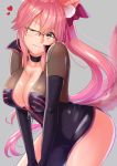  1girl animal_ears bow breasts choker cleavage collarbone eyebrows_visible_through_hair fate/grand_order fate_(series) fox_ears fox_tail glasses grey_background hair_bow hair_ribbon heart highres large_breasts long_hair looking_at_viewer one_eye_closed pink_hair pink_ribbon ribbon simple_background skin_tight solo tail tamamo_(assassin)_(fate) tamamo_(fate)_(all) very_long_hair yellow_eyes 