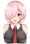  1girl :d bangs bare_shoulders blush breasts collared_dress dress eyebrows_visible_through_hair fate/grand_order fate_(series) hair_over_one_eye large_breasts long_hair looking_at_viewer mash_kyrielight necktie noa_(letizia) off_shoulder open_mouth pink_hair red_neckwear simple_background sleeveless sleeveless_dress smile solo upper_teeth violet_eyes white_background 