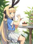  1girl :3 aqua_eyes bangs black_bow black_hairband blonde_hair blush bow cake chair commentary_request cup eyebrows_visible_through_hair feet_out_of_frame food from_side fruit hair_bow hairband holding holding_cup long_hair looking_at_viewer looking_to_the_side macaron midriff mononobe_alice nijisanji on_chair open_mouth plant plate pleated_skirt shirt short_sleeves sitting skirt slice_of_cake smile solo spoon strawberry strawberry_shortcake table very_long_hair virtual_youtuber white_skirt yura_(botyurara) 