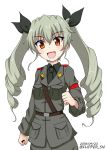  1girl :d anchovy anzio_military_uniform bangs belt black_belt black_neckwear black_ribbon black_shirt dated dress_shirt drill_hair eyebrows_visible_through_hair flipper girls_und_panzer grey_jacket grey_pants hair_ribbon jacket long_hair long_sleeves looking_at_viewer military military_uniform necktie open_mouth pants red_eyes ribbon sam_browne_belt shirt simple_background smile solo standing twin_drills twintails twitter_username uniform upper_body white_background wing_collar 