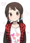  1girl arms_behind_back black_hair blush brown_eyes collarbone commentary eyebrows_visible_through_hair gazacy_(dai) hair_ornament hair_scrunchie heart heart_print highres idolmaster idolmaster_cinderella_girls long_hair looking_at_viewer low_twintails nakano_yuka open_clothes open_shirt plaid plaid_shirt scrunchie shirt simple_background smile solo twintails upper_body 