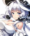  1girl ahoge armlet azur_lane bangs bare_shoulders blue_eyes blunt_bangs blush breasts choker cleavage dress elbow_gloves eyebrows_visible_through_hair gloves hair_ornament hair_ribbon hat illustrious_(azur_lane) jewelry lace-trimmed_hat large_breasts long_hair looking_at_viewer low_twintails mole mole_under_eye non_(nobu) pendant ribbon sapphire_(stone) sidelocks simple_background smile solo strapless strapless_dress sun_hat tress_ribbon twintails upper_body white_background white_dress white_gloves white_hair 