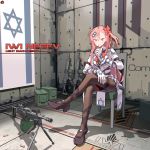  1girl absurdres ammo_box ammunition arm_belt bow bowtie box braid breasts brown_legwear bullet chair circle_a girls_frontline gloves gun hair_bow hair_ornament hairclip hand_on_own_thigh hexagram high_heels highres holding indoors israeli_flag jacket light_blush long_hair long_sleeves looking_at_viewer machine_gun medium_breasts miniskirt negev_(girls_frontline) on_chair one_side_up pantyhose parted_lips pink_hair pleated_skirt red_bow red_eyes red_neckwear red_ribbon ribbon shell_casing side_braid sitting skirt smile star_of_david thighband_pantyhose tsurime very_long_hair weapon white_gloves white_skirt 