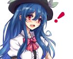  ! 1girl :o amagi_(amagi626) black_hat blouse blue_hair blush bow commentary_request eyebrows_visible_through_hair fang frilled_blouse hair_between_eyes hat head_tilt hinanawi_tenshi leaf long_hair neck_bow open_mouth puffy_short_sleeves puffy_sleeves red_bow red_eyes red_neckwear short_sleeves sidelocks simple_background solo touhou upper_body white_background white_blouse 