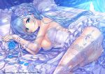  1girl artist_request ass bare_shoulders bed blue_eyes blue_flower blue_hair blue_nails blue_rose blush bound bound_wrists breasts bridal_gauntlets closed_mouth curtains dress elbow_gloves emori_miku emori_miku_project feet_out_of_frame fingernails flower gloves hair_flower hair_ornament hair_spread_out large_breasts light_rays long_hair looking_at_viewer lying nail_polish on_bed on_side panties petals pillow purple_flower purple_rose ribbon rose rose_petals sakura_moyon smile solo thigh-highs underwear very_long_hair watermark white_dress white_panties white_ribbon 
