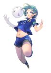  1girl 2018_fifa_world_cup absurdres ball belly blue_hair highres japan jumping navel outstretched_arms smile soccer_ball soccer_uniform sportswear spread_arms violet_eyes world_cup 