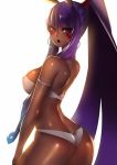  1girl ass bangs bare_shoulders bikini blush breasts commentary_request dark_skin earrings eyebrows_visible_through_hair facial_mark fate/grand_order fate_(series) highres jewelry large_breasts long_hair looking_at_viewer looking_back nitocris_(fate/grand_order) nitocris_(swimsuit_assassin)_(fate) open_mouth ponytail purple_hair rahato shiny shiny_skin sidelocks simple_background solo swimsuit very_long_hair violet_eyes 