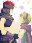  1boy 1girl absurdres bandage blue_eyes blush cape couple fingerless_gloves fire_emblem fire_emblem:_rekka_no_ken flowes gloves green_hair hairband hetero highres jaffar_(fire_emblem) niam nino_(fire_emblem) open_mouth red_eyes redhead short_hair smile 