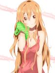  1girl absurdres after_shower asuna_(sao) blonde_hair breasts brown_eyes cleavage collarbone covered_navel cute dress hair_between_eyes head_tilt highres large_breasts long_hair looking_at_viewer red_dress shirt sleeveless sleeveless_shirt smile solo sword_art_online upper_body very_long_hair wet wet_clothes wet_shirt white_background yuuki_asuna 