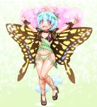  1girl :d \o/ antennae arms_up bikini black_bikini_top black_footwear blue_hair blush_stickers brown_eyes butterfly_wings collarbone commentary eternity_larva full_body green_bikini_bottom high_heels leaf leaf_on_head looking_at_viewer navel open_mouth outstretched_arms shirosato short_hair smile solo standing standing_on_one_leg swimsuit touhou wings wrist_cuffs 
