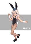  1girl animal_costume animal_ears bare_shoulders black_footwear blonde_hair blue_eyes bow bowtie breasts bunny_costume bunny_girl bunny_tail character_name collarbone fake_animal_ears fake_tail full_body garrison_cap hat highres kantai_collection long_hair looking_at_viewer pantyhose porusasu rabbit_ears shoes simple_background small_breasts solo tail tan tanline u-511_(kantai_collection) wrist_cuffs 
