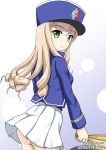  1girl bc_freedom_(emblem) bc_freedom_military_uniform blonde_hair blue_background blue_hat blue_jacket circle closed_mouth commentary cowboy_shot dated drill_hair emblem fan flipper folding_fan from_side girls_und_panzer gradient gradient_background green_eyes hat holding jacket long_hair long_sleeves looking_at_viewer looking_back marie_(girls_und_panzer) military military_hat military_uniform miniskirt no_panties pleated_skirt shako_cap skirt smile solo standing twitter_username uniform white_skirt 