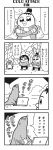  2girls 4koma :3 bangs bird bkub blunt_bangs calimero_(bkub) cellphone chakapi clapping comic computer greyscale highres holding holding_phone honey_come_chatka!! ice jacket laptop looking_at_phone monochrome multiple_girls penguin phone scrunchie seal shirt short_hair simple_background smartphone snowing speech_bubble talking topknot translation_request two-tone_background wind 