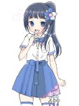  1girl :d aoi_ch. bangs black_hair blue_eyes blue_neckwear blue_skirt blush bow bowtie breast_pocket collared_shirt commentary cowboy_shot dress_shirt eyebrows_visible_through_hair fingernails floral_print fuji_aoi hand_to_own_mouth heart long_hair looking_at_viewer open_mouth pleated_skirt pocket print_skirt shika_(s1ka) shirt short_sleeves side_ponytail sidelocks simple_background skirt smile solo thigh-highs upper_teeth virtual_youtuber white_background white_shirt 