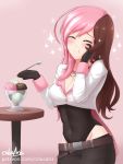  1girl :t artist_name black_gloves bodysuit breasts brown_hair cleavage closed_eyes covered_navel cowboy_shot cropped_jacket cslucaris food gloves groin hand_on_own_face hips ice_cream long_hair medium_breasts multicolored_hair neo_(rwby) pink_background pink_hair rwby solo sparkle 