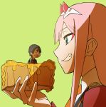  1boy 1girl black_hair couple darling_in_the_franxx food green_eyes highres hiro_(darling_in_the_franxx) holding holding_food horns long_hair looking_at_another military military_uniform necktie nonomiya_nonon oni_horns orange_neckwear pink_hair short_hair sweatdrop uniform zero_two_(darling_in_the_franxx) 