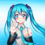  1girl bangs bare_shoulders blue_background blue_eyes blue_hair blue_neckwear blush burbur crying crying_with_eyes_open detached_sleeves floating_hair gradient gradient_background grey_shirt hair_ornament hand_on_own_chest hand_up hatsune_miku headset light_particles long_hair long_sleeves looking_at_viewer necktie number_tattoo parted_lips patreon_username shirt shoulder_tattoo solo tareme tattoo tears teeth twintails very_long_hair vocaloid 