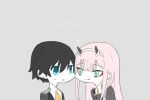  1boy 1girl black_hair blue_eyes copyright_name couple darling_in_the_franxx face-to-face green_eyes heart hiro_(darling_in_the_franxx) horns lips long_hair looking_at_another military military_uniform necktie oni_horns pink_hair short_hair sui_0427 sweatdrop uniform wide_face zero_two_(darling_in_the_franxx) 