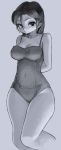  1girl arms_behind_back bangs bent_knees black_hair blush breasts cleavage closed_mouth collarbone covered_navel cowboy_shot expressionless gobori grey_background greyscale hair_between_eyes highres large_breasts long_hair looking_at_viewer monochrome one-piece_swimsuit original simple_background solo standing swimsuit thick_thighs thighs 