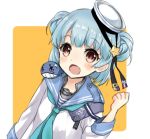  1girl animal animal_on_shoulder bangs blue_hair blue_neckwear blue_sailor_collar blush dixie_cup_hat double_bun eyebrows eyebrows_visible_through_hair eyelashes hand_up hat kantai_collection long_sleeves military_hat neckerchief nuno_(pppompon) open_mouth red_eyes roman_numerals sailor_collar samuel_b._roberts_(kantai_collection) school_uniform serafuku shirt short_hair sleeve_cuffs solo star tongue whale white_hat white_shirt 