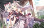  2girls american_flag animal_ears apron azur_lane bangs bare_shoulders black_legwear blue_eyes blue_sky blush boots bow breasts cat_ears clouds dress eyebrows_visible_through_hair finger_to_another&#039;s_cheek flag_print frills green_eyes hair_bow hair_ribbon hammann_(azur_lane) light_particles long_hair looking_at_viewer maid_headdress multiple_girls necktie open_mouth outdoors puffy_short_sleeves puffy_sleeves ribbon short_sleeves silver_hair sims_(azur_lane) sky smile surprised thigh-highs two_side_up very_long_hair white_footwear white_hair yu_ni_t 