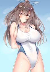  1girl arms_behind_back bangs blush breasts brown_eyes brown_hair cleavage covered_navel eyebrows_visible_through_hair hair_between_eyes highleg highleg_swimsuit highres hips idolmaster idolmaster_shiny_colors large_breasts long_hair looking_at_viewer one-piece_swimsuit ponytail ribbon sankakusui smile solo swimsuit thighs tsukioka_kogane waist white_swimsuit 