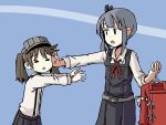  &gt;_&lt; 2girls adrian_ferrer brown_hair clothes_hanger commentary dress english_commentary grey_hair hair_ribbon height_difference japanese_clothes kantai_collection kariginu kasumi_(kantai_collection) multiple_girls open_mouth outstretched_arm pinafore_dress pleated_skirt reaching ribbon ryuujou_(kantai_collection) side_ponytail sidelocks skirt suspenders twintails visor_cap 
